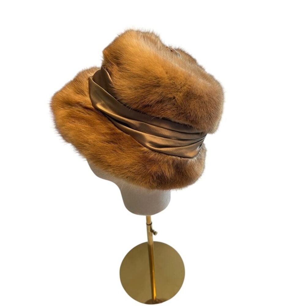 Vintage Amrose New York Genuine Mink Fur Satin Cloche Hat Cossack Winter Brown - Picture 2 of 8
